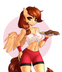 Size: 1920x2236 | Tagged: safe, artist:yutakira92, derpibooru import, oc, oc only, oc:vanilla creame, anthro, pegasus, anthro oc, bedroom eyes, clothes, female, food, front knot midriff, hand on hip, looking at you, mare, meat, midriff, outback steakhouse, pegasus oc, sexy, shirt, simple background, smiling, solo, steak, tomboy, tomboy outback, waitress, wings