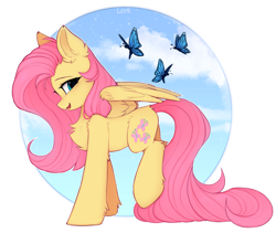 Size: 3703x3131 | Tagged: safe, artist:lerkfruitbat, derpibooru import, fluttershy, butterfly, pegasus, pony, g4, chest fluff, cute, ear fluff, ears, eyebrows, female, high res, leg fluff, looking at you, mare, open mouth, open smile, partially open wings, profile, raised leg, shyabetes, signature, smiling, smiling at you, solo, wings