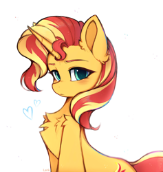 Size: 1408x1487 | Tagged: safe, artist:lerkfruitbat, derpibooru import, sunset shimmer, pony, unicorn, equestria girls, g4, blushing, chest fluff, colored eyebrows, commission, concave belly, cute, ear fluff, ears, eyebrows, female, heart, horn, looking at you, mare, shimmerbetes, signature, simple background, solo, white background
