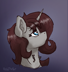 Size: 1505x1594 | Tagged: safe, artist:reddthebat, derpibooru import, oc, oc:violina (reddthebat), ghost, ghost pony, pony, undead, unicorn, bust, female, gradient background, lidded eyes, looking up, mare, profile, solo