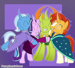 Size: 1280x1157 | Tagged: safe, artist:trollol360, derpibooru import, starlight glimmer, sunburst, thorax, trixie, changedling, changeling, pony, unicorn, g4, the last problem, ^^, cloak, clothes, eyes closed, female, group hug, headmare starlight, hug, king thorax, male, mare, stallion, sunburst's cloak