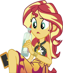 Size: 2158x2520 | Tagged: safe, derpibooru import, edit, edited screencap, editor:homersimpson1983, screencap, sunset shimmer, human, equestria girls, g4, background removed, belly, bikini, bottle, cellphone, clothes, female, geode of empathy, magical geodes, message, midriff, not a vector, phone, simple background, smartphone, solo, swimsuit, transparent background