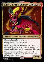 Size: 375x523 | Tagged: safe, artist:28gooddays, derpibooru import, edit, sunset satan, sunset shimmer, alicorn, demon, demon pony, pony, g4, ccg, female, magic the gathering, ponified, solo, species swap, trading card, trading card edit, trading card game