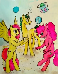 Size: 1024x1307 | Tagged: safe, artist:tielgar, derpibooru import, fluttershy, pinkie pie, snails, earth pony, pegasus, pony, unicorn, g4, bipedal, buckball, bucket, female, male, sports, traditional art, trio