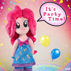 Size: 894x894 | Tagged: safe, artist:lavim, derpibooru import, pinkie pie, equestria girls, g4, balloon, dialogue, doll, female, party, plushie, smiling, solo, toy