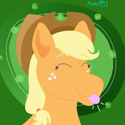 Size: 1920x1920 | Tagged: safe, artist:home-of-hyena, derpibooru import, applejack, earth pony, pony, g4, :p, abstract background, applejack's hat, clothes, cowboy hat, cute, digital art, eyes closed, hat, jackabetes, solo, tongue, tongue out