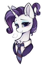 Size: 1046x1468 | Tagged: safe, artist:lerkfruitbat, derpibooru import, rarity, pony, unicorn, g4, blushing, bust, chest fluff, clothes, ear fluff, ears, eyebrows, eyeshadow, female, horn, looking at you, makeup, mare, necktie, signature, simple background, smiling, smiling at you, solo, suit, white background