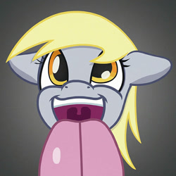 Size: 894x894 | Tagged: safe, ai content, derpibooru import, machine learning generated, derpy hooves, pegasus, pony, g4, licking, looking at you, offscreen character, open mouth, open smile, pov, prompter:duhdoores, smiling, tongue, tongue out, uvula