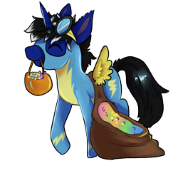 Size: 800x800 | Tagged: safe, artist:lovelock, derpibooru import, oc, oc only, oc:night reader, bat pony, unicorn, candy, clothes, commission, costume, cute, food, goggles, halloween, halloween costume, holiday, pumpkin bucket, simple background, smiling, solo, transparent background, uniform, wonderbolts uniform, ych result