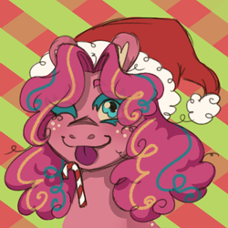 Size: 560x560 | Tagged: safe, artist:super-lemon-sama, derpibooru import, pinkie pie, earth pony, pony, g4, bust, candy, candy cane, christmas, female, food, freckles, hat, holiday, looking at you, mare, one eye closed, santa hat, smiling, smiling at you, solo, striped background