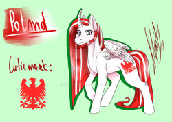 Size: 750x535 | Tagged: safe, artist:aoi-maxi, derpibooru import, alicorn, pony, green background, nation ponies, poland, ponified, simple background, solo, species swap