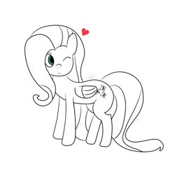Size: 1024x1024 | Tagged: safe, artist:milkyloquat, derpibooru import, fluttershy, pegasus, pony, drawing, heart, lineart, monochrome, one eye closed, simple background, solo, white background, wink