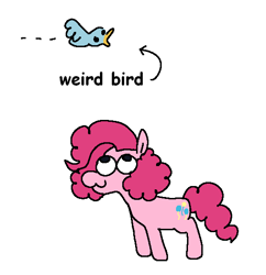 Size: 535x553 | Tagged: safe, artist:punkittdev, derpibooru import, pinkie pie, bird, earth pony, pony, g4, :3, arrow, cute, diapinkes, female, flying, looking at something, looking up, mare, open mouth, simple background, solo, text, weird, white background