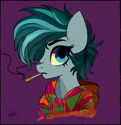 Size: 1280x1320 | Tagged: safe, artist:paintedskies, derpibooru import, oc, oc only, oc:blueorchids, earth pony, bust, clothes, drugs, hoodie, joint, marijuana, mixed media, portrait, smoking, solo