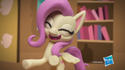 Size: 1920x1080 | Tagged: safe, derpibooru import, fluttershy, pony, g4.5, my little pony: stop motion short, cute, eyes closed, female, fluttershy's cottage (interior), happy, hasbro, hasbro logo, logo, on hind legs, smiling, solo