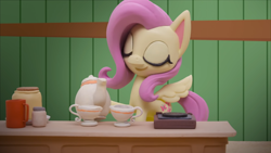 Size: 1920x1080 | Tagged: safe, derpibooru import, fluttershy, pony, g4.5, my little pony: stop motion short, cup, cute, eyes closed, smiling, solo, teacup, teapot