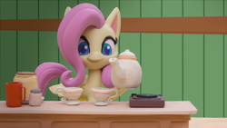 Size: 1920x1080 | Tagged: safe, derpibooru import, fluttershy, pony, g4.5, my little pony: stop motion short, cup, cute, solo, teacup, teapot