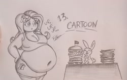 Size: 1840x1164 | Tagged: safe, artist:levick-ri, derpibooru import, angel bunny, fluttershy, human, rabbit, equestria girls, animal, bbw, belly, belly button, big belly, breasts, breathing, burger, cleavage, clothes, fat, fattershy, female, food, hootershy, huge belly, male, monochrome, obese, traditional art, weight gain