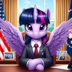 Size: 1024x1024 | Tagged: safe, ai content, derpibooru import, generator:dall-e 3, machine learning generated, twilight sparkle, twilight sparkle (alicorn), alicorn, pony, g4, american flag, chair, clothes, desk, donald trump, female, formal wear, looking at you, mare, necktie, oval office, paper, photo, president, president twilight sparkle, prompter needed, smiling, smiling at you, solo, spread wings, suit, united states, window, wings