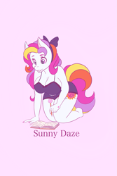 Size: 1365x2048 | Tagged: safe, artist:mscolorsplash, derpibooru import, sunny daze (g3), anthro, earth pony, plantigrade anthro, g3, barefoot, big breasts, book, bow, bra, breasts, busty sunny daze (g3), cleavage, clothes, diary, feet, female, hair bow, mare, nail polish, panties, pen, purple background, reading, simple background, solo, underwear