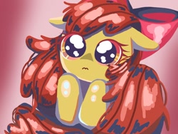 Size: 512x384 | Tagged: safe, artist:sugar-sweets, derpibooru import, apple bloom, earth pony, pony, 3:, adorabloom, cute, female, filly, foal, gradient background, puppy dog eyes, solo