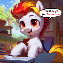 Size: 1024x1024 | Tagged: safe, ai content, derpibooru import, edit, generator:easyfluff v11.2, generator:stable diffusion, machine learning generated, oc, oc:fiery lightning, pony, advertisement, commission info, computer, happy, solo, speech bubble