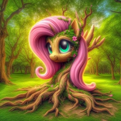 Size: 1024x1024 | Tagged: safe, ai content, derpibooru import, generator:bing image creator, machine learning generated, fluttershy, g4, flower, fluttertree, forest, grass, nature, prompter:pawels, roots, solo, tree