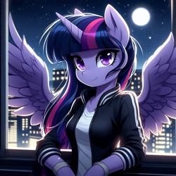 Size: 1024x1024 | Tagged: safe, ai content, derpibooru import, machine learning generated, twilight sparkle, twilight sparkle (alicorn), alicorn, anthro, bracelet, city, cityscape, clothes, female, jacket, jewelry, shirt, solo