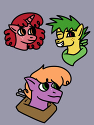 Size: 540x720 | Tagged: safe, artist:dexterousdecarius, derpibooru import, little mac, oc, oc:piney apple, oc:red anjou, earth pony, unicorn, big macintosh's yoke, brothers, curly hair, curly mane, earth pony oc, freckles, gray background, horn, horse collar, male, offspring, parent:big macintosh, parent:sugar belle, parents:sugarmac, siblings, simple background, spiky mane, unicorn oc