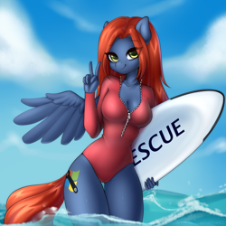 Size: 3000x3000 | Tagged: safe, artist:yutakira92, derpibooru import, oc, oc only, oc:heat sink, anthro, pegasus, breasts, cleavage, clothes, eye clipping through hair, eyebrows, eyebrows visible through hair, female, looking at you, one-piece swimsuit, peace sign, smiling, solo, spread wings, swimsuit, unzipped, water, wings