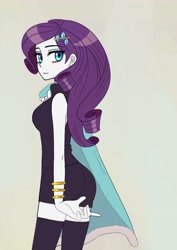 Size: 2894x4093 | Tagged: safe, artist:haibaratomoe, derpibooru import, rarity, human, equestria girls, g4, bracelet, clothes, coat, cute, eyeshadow, female, gray background, jewelry, looking back, makeup, raribetes, shorts, simple background, sleeveless, sleeveless sweater, solo, stockings, sweater, sweater dress, thigh highs, zettai ryouiki