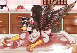 Size: 2500x1700 | Tagged: safe, artist:shadowreindeer, derpibooru import, oc, oc only, oc:ospreay, cat, griffon, canned food, commission, kitchen, solo, tongue, tongue out