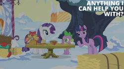 Size: 2000x1123 | Tagged: safe, derpibooru import, edit, edited screencap, editor:quoterific, screencap, rarity, spike, twilight sparkle, unicorn twilight, unicorn, winter wrap up, basket, bird nest, hay, hay bale, nest, snow, tree