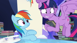 Size: 1280x720 | Tagged: safe, derpibooru import, screencap, rainbow dash, twilight sparkle, twilight sparkle (alicorn), alicorn, pony, shadow play, book, cutie map, flying, twilight's castle