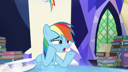 Size: 1280x720 | Tagged: safe, derpibooru import, screencap, rainbow dash, pony, shadow play, book, cutie map, solo, twilight's castle