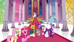 Size: 1280x720 | Tagged: safe, derpibooru import, screencap, applejack, fluttershy, pinkie pie, princess celestia, princess luna, rainbow dash, rarity, spike, starlight glimmer, sunburst, twilight sparkle, twilight sparkle (alicorn), alicorn, pony, shadow play, book, canterlot castle interior, mane seven, mane six