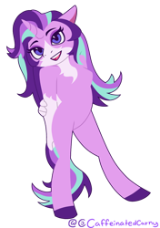 Size: 980x1395 | Tagged: safe, artist:caffeinatedcarny, derpibooru import, starlight glimmer, anthro, unguligrade anthro, unicorn, g4, coat markings, eyeshadow, female, horn, looking at you, makeup, mare, open mouth, open smile, simple background, smiling, smiling at you, solo, stylized, transparent background