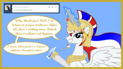 Size: 1280x720 | Tagged: safe, artist:askbritanniamlp, derpibooru import, oc, oc:britannia, alicorn, pony, alicornified, ask britannia, female, helmet, magic, mare, race swap, solo, toothbrush, toothpaste