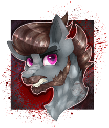 Size: 1917x2255 | Tagged: safe, artist:chvrchgrim, derpibooru import, oc, oc only, oc:weltkriegs-wandern, earth pony, angry, beard, brown mane, bust, chest fluff, commission, earth pony oc, facial hair, gray coat, gritted teeth, moustache, nose wrinkle, portrait, snarling, teeth, torn ear