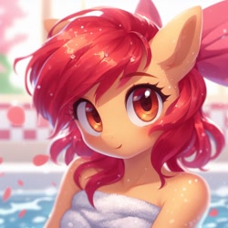 Size: 1024x1024 | Tagged: safe, ai content, derpibooru import, generator:bing image creator, machine learning generated, apple bloom, anthro, earth pony, blushing, looking at you, petals, smiling, smiling at you, solo, towel, water droplet, wet