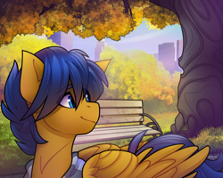 Size: 1280x1024 | Tagged: safe, artist:magicstarfriends, derpibooru import, oc, oc only, pegasus, pony, bench, commission, park, park bench, solo, tree, ych result