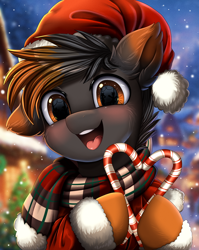 Size: 2550x3209 | Tagged: safe, artist:pridark, derpibooru import, oc, oc only, pony, candy, candy cane, christmas, clothes, commission, cute, food, hat, holiday, one ear down, open mouth, pridark is trying to murder us, santa hat, scarf, snow, snowfall, solo, striped scarf, ych result