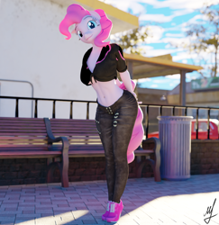 Size: 1870x1920 | Tagged: safe, artist:retro0range, derpibooru import, pinkie pie, anthro, 3d, bench, blender, car, clothes, colorful, park, solo, sun