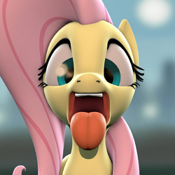 Size: 1536x1536 | Tagged: safe, ai content, derpibooru import, machine learning generated, fluttershy, pegasus, pony, 3d, cute, esophagus, licking, mawshot, offscreen character, open mouth, pov, prompter:duhdoores, shyabetes, solo, source filmmaker, teeth, tongue, tongue out