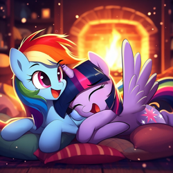 Size: 2048x2048 | Tagged: safe, ai content, derpibooru import, generator:bing image creator, machine learning generated, rainbow dash, twilight sparkle, twilight sparkle (alicorn), alicorn, pegasus, pony, eyes closed, female, fire, fireplace, friendshipping, laughing, mare, not shipping, open mouth, pillow, prompter:ponaiart, snuggling, story included