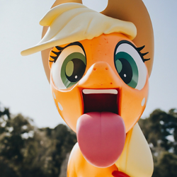 Size: 1536x1536 | Tagged: safe, ai content, derpibooru import, machine learning generated, applejack, earth pony, pony, 3d, cute, female, licking, mawshot, offscreen character, open mouth, pov, prompter:duhdoores, solo, source filmmaker, teeth, tongue, tongue out