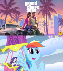 Size: 1920x2160 | Tagged: safe, edit, edited screencap, screencap, rainbow dash, rarity, human, pegasus, pony, unicorn, season 1, sonic rainboom (episode), car, cute, dashabetes, exploitable meme, female, grand theft auto, grand theft auto vi, gun, handgun, jason, lucia, male, meme, rockstar games, unnamed pony, weapon