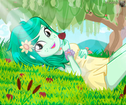 Size: 3792x3165 | Tagged: safe, artist:charliexe, derpibooru import, wallflower blush, bird, human, equestria girls, g4, alternate hairstyle, clothes, crepuscular rays, cute, dress, female, flower, flower in hair, flowerbetes, freckles, grass, high res, open mouth, open smile, rose, smiling, solo, sundress, teeth, tree, wallflower and plants