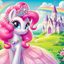 Size: 1024x1024 | Tagged: safe, ai content, derpibooru import, machine learning generated, pinkie pie, g4, castle, cloud, eyeshadow, flower, jewelry, makeup, necklace, path, princess pinkie pie, prompter:princessoflovepinkyt, rainbow, regalia, smiling