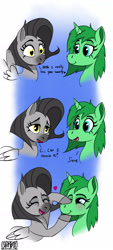 Size: 1592x3508 | Tagged: safe, artist:maxentheweasel, artist:ostarbito, derpibooru import, oc, oc:ashen dreamer, oc:sparkling cogs, pegasus, unicorn, black mane, blue background, blue eyes, blushing, comic, commission, dialogue, female, freckles, golden eyes, gray coat, gray muzzle, green coat, green mane, happy, heart, heart eyes, horn, long muzzle, mare, pegasus oc, simple background, spread wings, text, unicorn oc, wingding eyes, wings